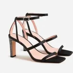J.Crew Ava Glitter Heel Sandals | Black Satin with Silver Sparkle | Size 10.5